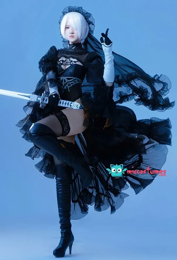 Miccostumes 2B White Black Wedding Dress 2B Bride Cosplay Costume - Image 3