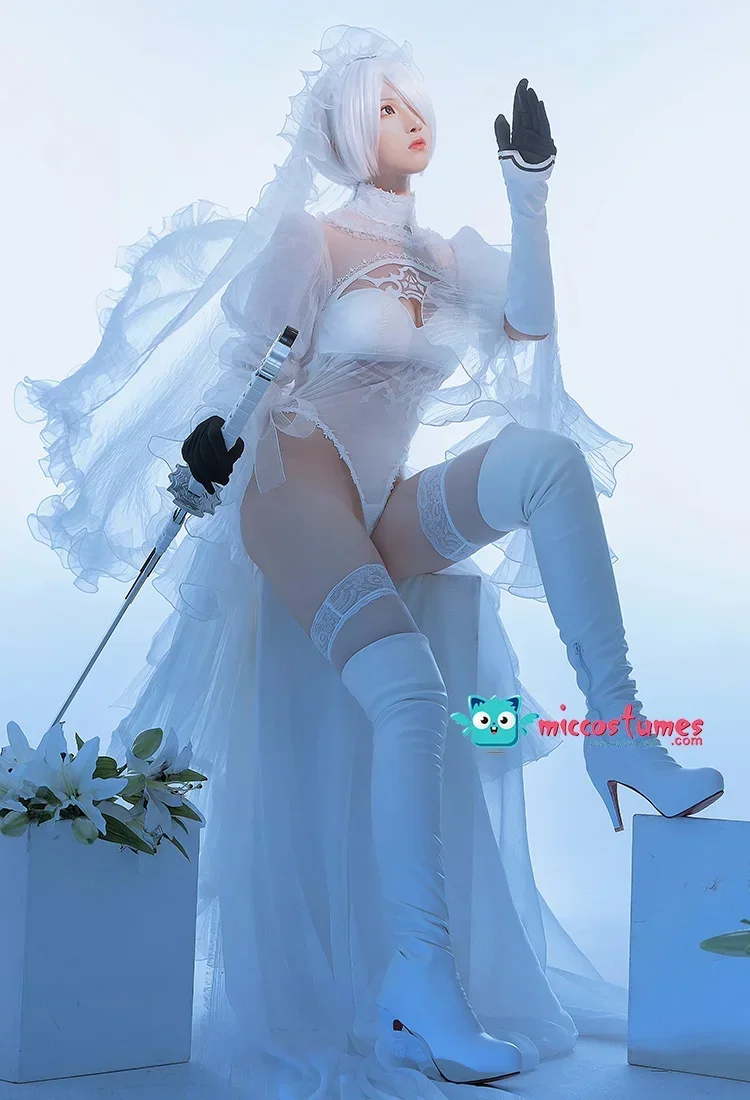 Miccostumes 2B White Black Wedding Dress 2B Bride Cosplay Costume - Image 6